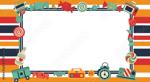 A retro inspired candy and boombox themed border with colorful stripes.
