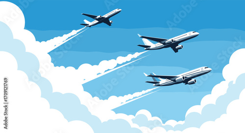 Three airplanes flying in formation leaving white contrails in the sky with clouds.