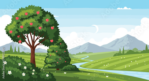 A picturesque pixel art landscape featuring a lush apple tree and rolling green hills.