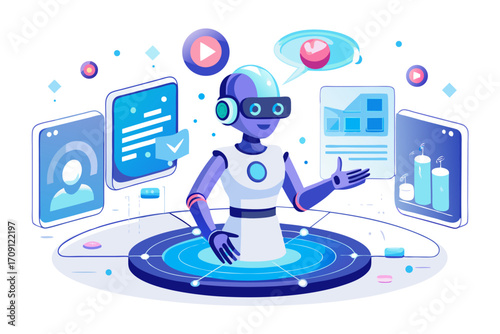 Modern digital workspace showing artificial intelligence technology with holographic data analytics and virtual dashboards. A professional working on a laptop surrounded by futuristic AI visualization