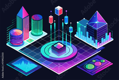 Modern digital workspace showing artificial intelligence technology with holographic data analytics and virtual dashboards. A professional working on a laptop surrounded by futuristic AI visualization