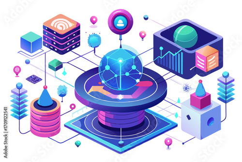 Modern digital workspace showing artificial intelligence technology with holographic data analytics and virtual dashboards. A professional working on a laptop surrounded by futuristic AI visualization