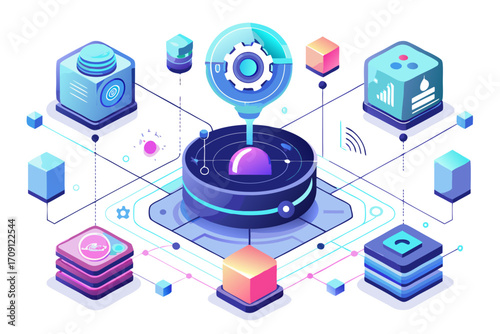 Modern digital workspace showing artificial intelligence technology with holographic data analytics and virtual dashboards. A professional working on a laptop surrounded by futuristic AI visualization