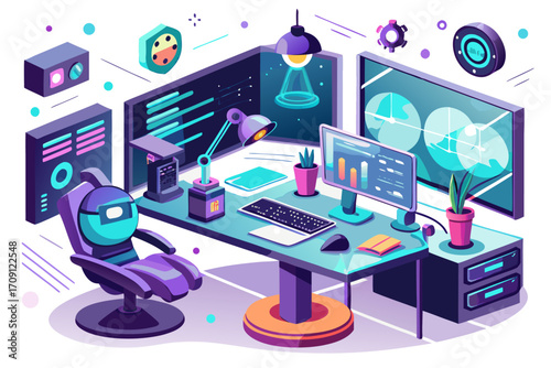 Modern digital workspace showing artificial intelligence technology with holographic data analytics and virtual dashboards. A professional working on a laptop surrounded by futuristic AI visualization