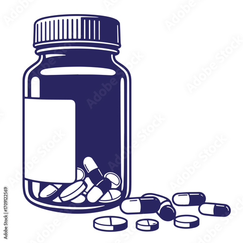 Illustration of pill bottle and pills depicting medical healthcare pharmacy and medication concepts