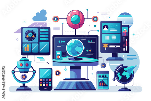 Modern digital workspace showing artificial intelligence technology with holographic data analytics and virtual dashboards. A professional working on a laptop surrounded by futuristic AI visualization