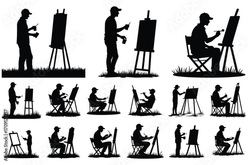 Artists Painting On Easels In Different Poses And Settings