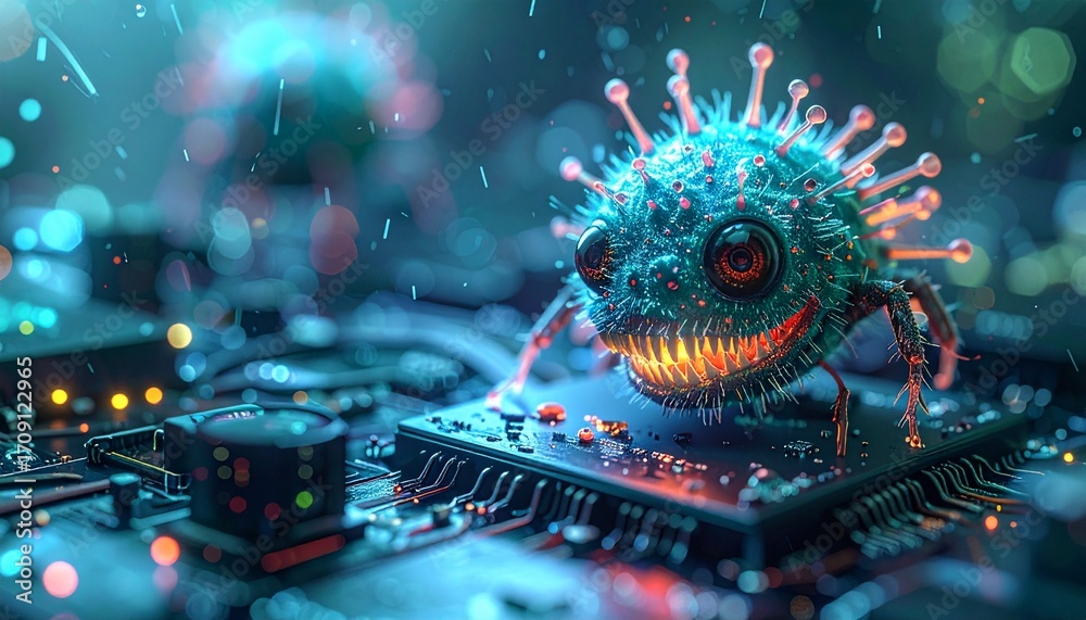 Fototapeta premium A small, menacing monster, symbolizing a computer virus, chewing on and corrupting valuable digital data