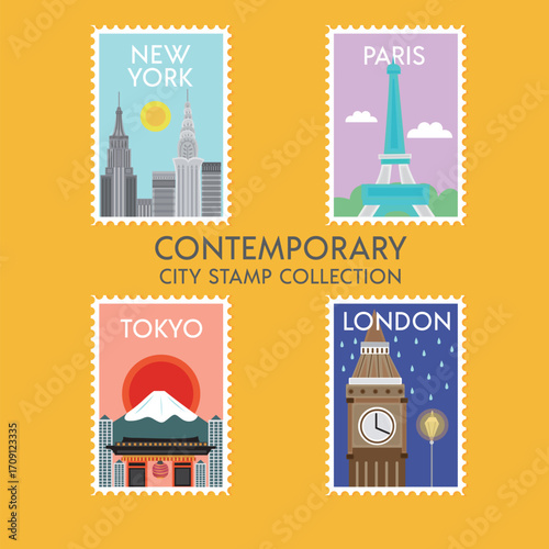 Vector materials of stamp illustration elements A “Contemporary City Stamp Collection” with stamps from New York, Paris, Tokyo, and London, each featuring respective city landmarks. The background is 
