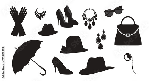 Collection of elegant fashion accessories for women including hats gloves jewelry and bags.