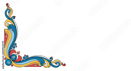 A vibrant decorative flourish with swirling patterns in blue yellow and red evoking a sense of movement and organic growth.