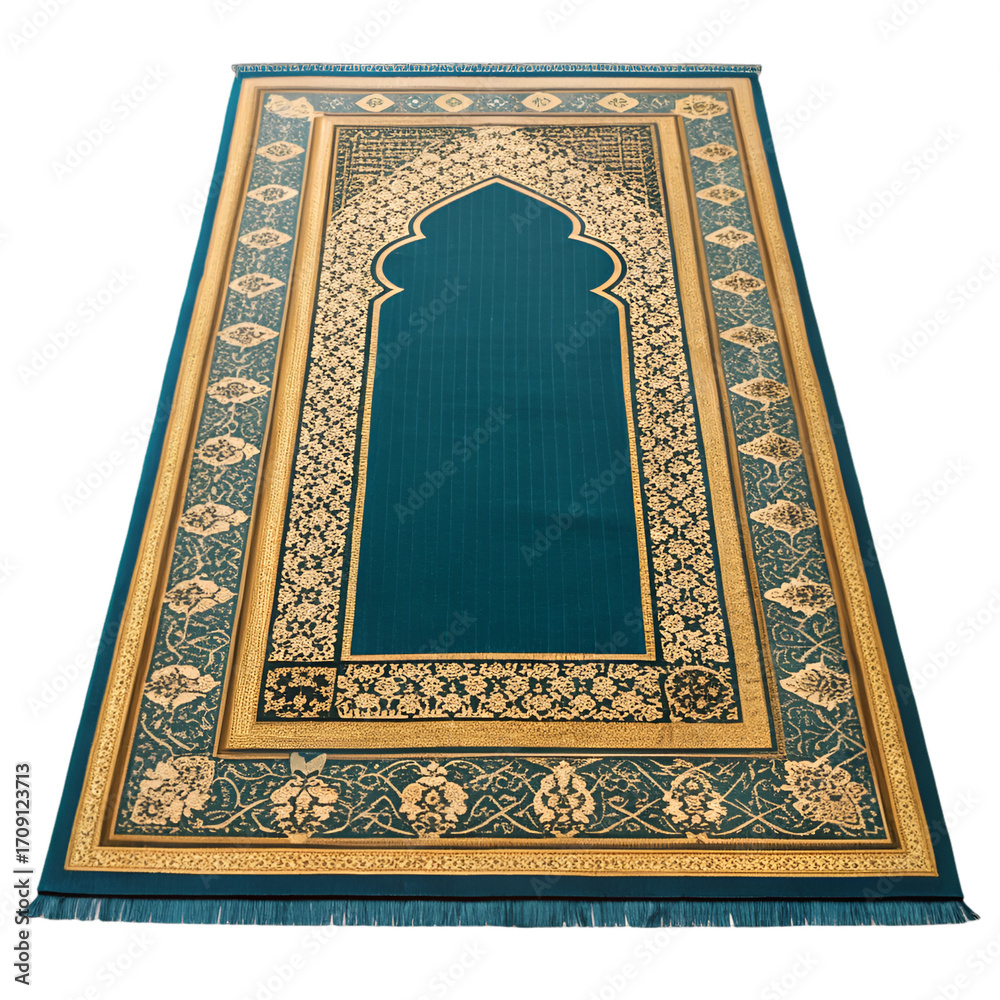 Obraz premium Ornate Teal and Gold Islamic Prayer Rug with Mihrab Design muslim prayer mat