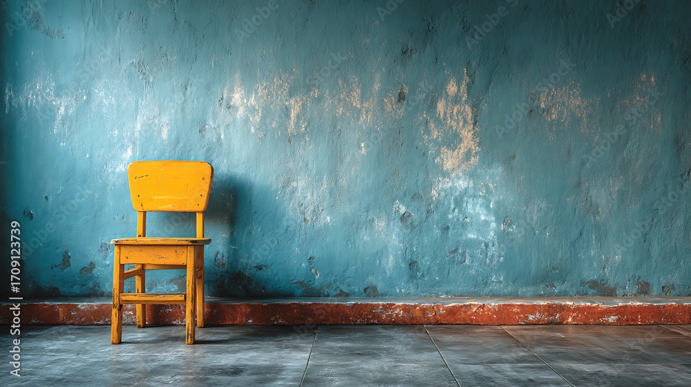 © ryan - Minimal education concept with empty classroom wall and single wooden chair positioned at bottom, leaving wide blank space above perfect for school poster, learning banner or academic design. © ryan - Minimal education concept with empty classroom wall and single wooden chair positioned at bottom, leaving wide blank space above perfect for school poster, learning banner or academic design.