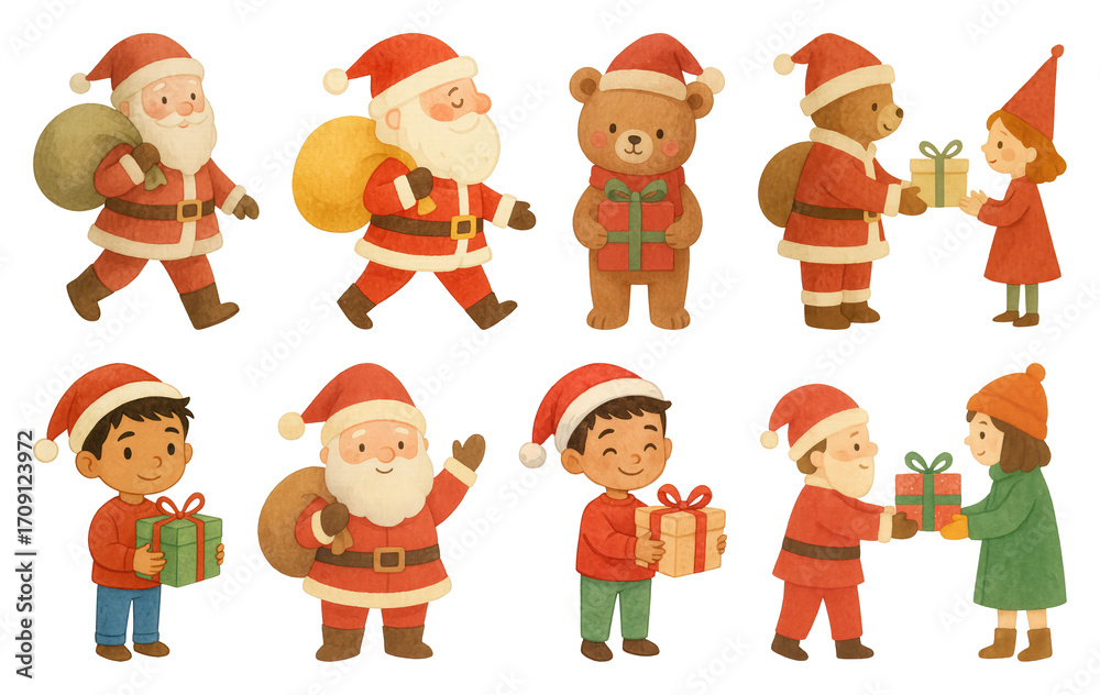 Naklejka premium PNG Cute festive characters exchanging gifts, element set on transparent background