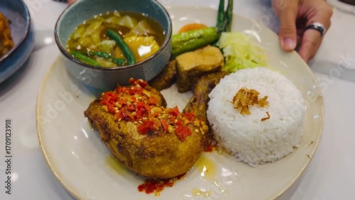 Indonesian Spicy Chili Chicken (Ayam Cabe) with Rice and Vegetables