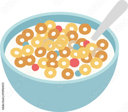 Flat Cartoon Cereal Bowl with Colorful Rings and Spoon Illustration