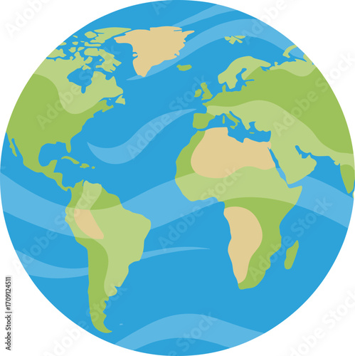 Flat Design World Earth Globe Continents and Oceans Geographic Illustration