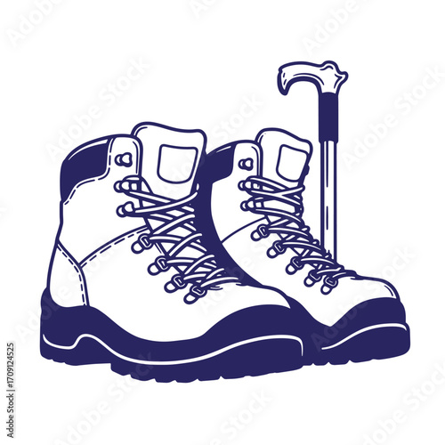 Pair of hiking boots and walking stick illustration representing outdoor adventure and exploration