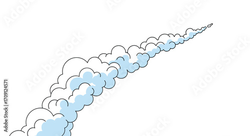 A stylized illustration of a rocket launching into the sky leaving behind a trail of clouds.