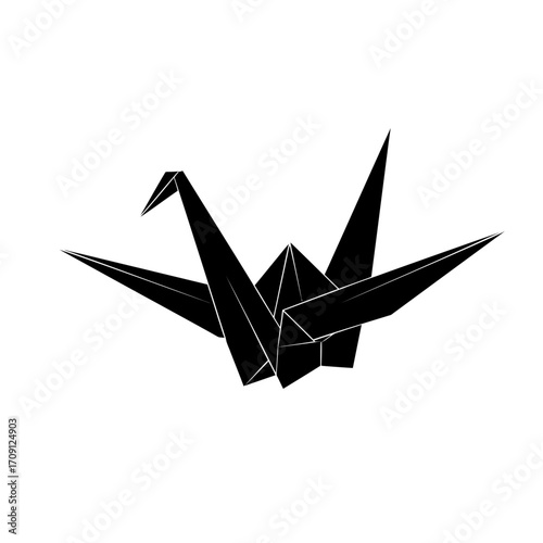Origami Crane Bird Vector Illustration, Minimalist vector of a crane bird in origami geometric style. Black and white polygonal paper bird design, perfect for logo, icon,