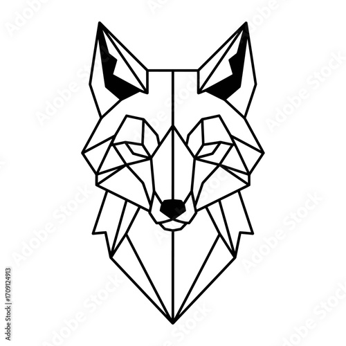 Minimalist vector illustration of a wolf head in origami geometric style. Black and white line art design, perfect for tattoo, logo, icon, emblem, or decorative element.