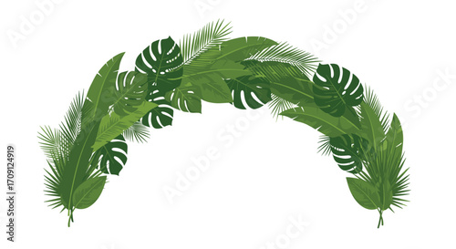 A beautiful lush green tropical foliage archway made of leaves and ferns for an outdoor event or wedding decoration.