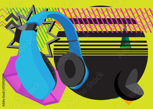 Headset geometrical graphic retro theme background. Minimal geometric elements. Vintage abstract shapes vector illustration.
