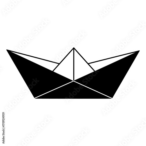 icon Origami Paper Boat Vector Illustration, Minimalist vector of a paper boat in origami geometric style. Black and white line art design, perfect for logo,decoration, children’s design,