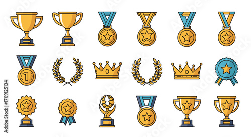 Collection of pixel art trophies medals and awards for recognition.