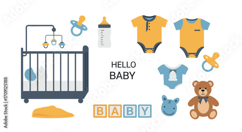 Collection of newborn baby essentials and nursery items for a happy arrival.