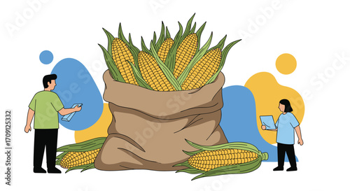 Harvesting fresh corn from the field with farmers illustration.