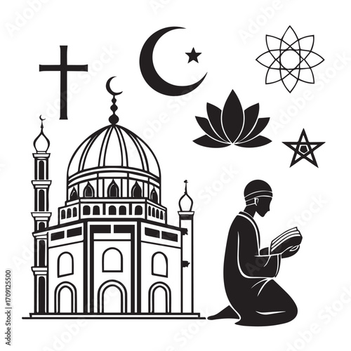 Silhouette of religious symbols and architecture representing diverse faiths isolated on white background