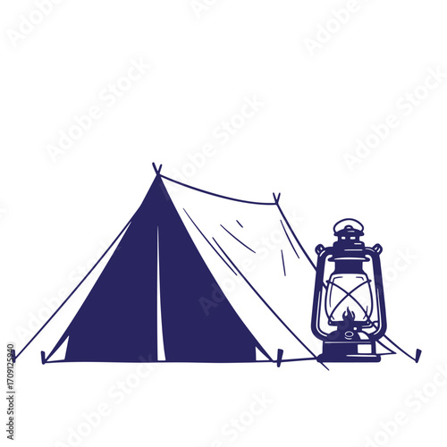Simple blue camping tent and lantern illustration for outdoorsy adventure designs