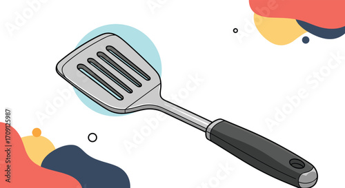 A kitchen spatula with a slotted metal head and a comfortable black handle is ready for use.