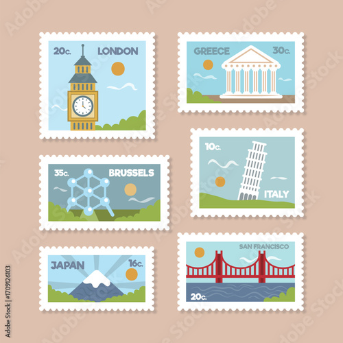 Vector materials of stamp illustration elements A collection of stamps with various building designs. The background is beige, and parts are obscured