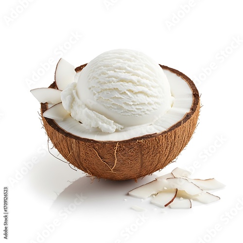 A scoop of creamy vanilla ice cream nestled within a half coconut shell, adorned with coconut flakes,  creating a delicious and refreshing tropical dessert.