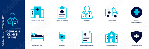 Hospital and Clinics Blue Colored Outline Icon Set