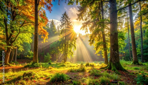 Sunburst streams through autumn trees, illuminating a mossy forest floor in this vibrant scene, creating a luminous, tranquil atmosphere