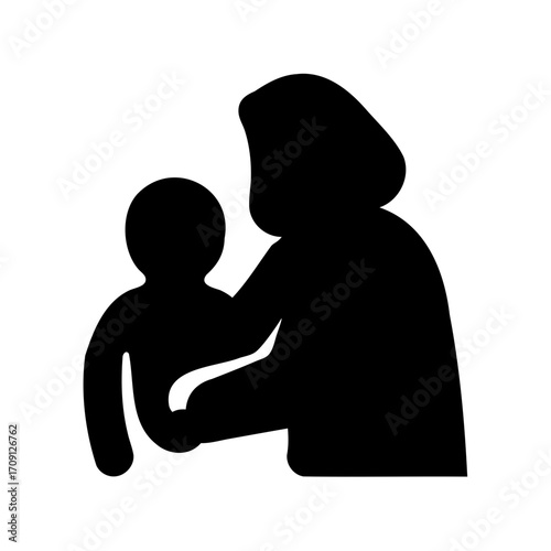 Silhouette of adult tending to a child, representing care and support