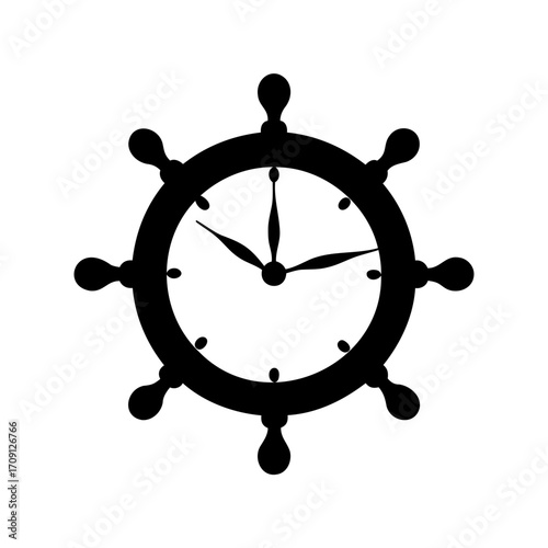 Nautical clock showing time with a black ship wheel around the face