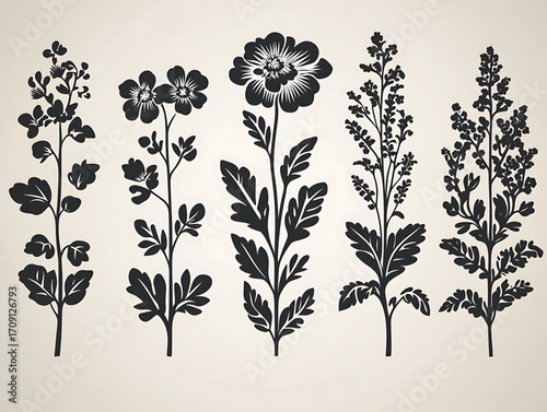 Five Stylized Plant Silhouettes on Light Beige Background: Solid Black (Flowering Plants, Leafy Branches) with Negative Space Details