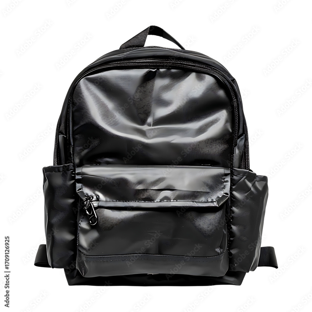 Fototapeta premium Shiny black backpack with a front pocket on transparent background