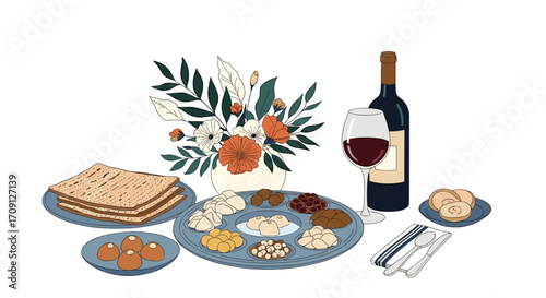 Traditional Passover Seder table with matzah wine and symbolic foods.