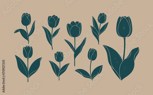Collection of stylized dark teal tulips on a kraft paper background
