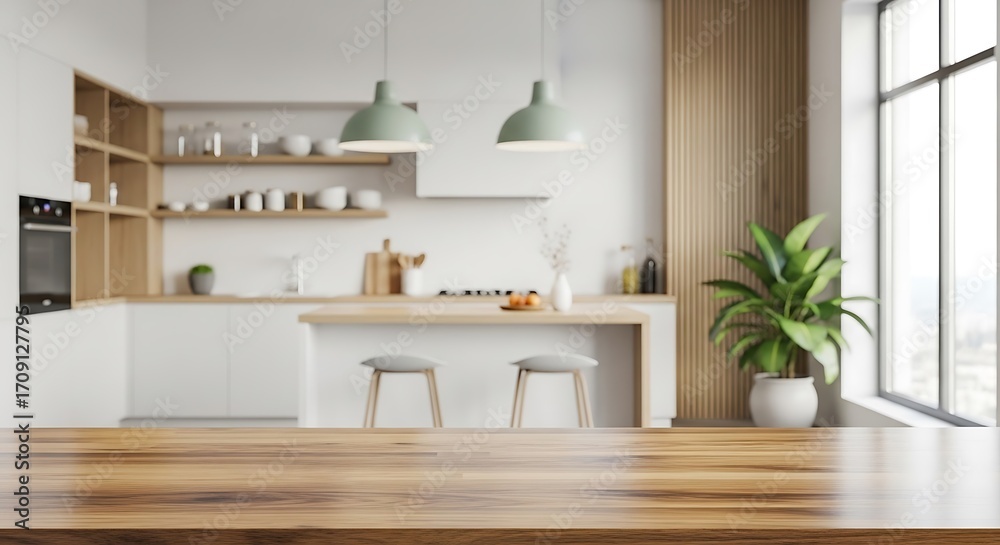 Fototapeta premium Modern kitchen interior with bar stools and wooden table in focus