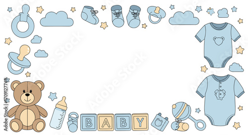 A sweet blue baby boy invitation border with adorable baby items and soft clouds.