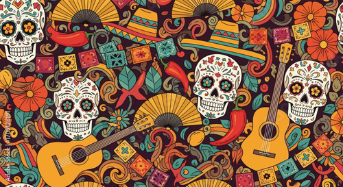 A vibrant and colorful day of the dead celebration with sugar skulls and traditional Mexican motifs.