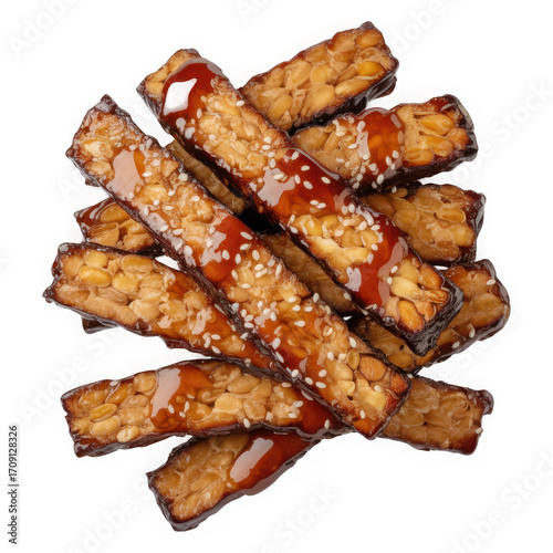 Crispy baked tempeh strips with soy glaze, sesame seeds, Asian stir-fry style, vegan protein, transparent background