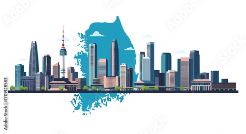 A vibrant cityscape silhouette overlays a stylized map of South Korea with distinct architectural structures.