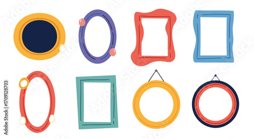 A collection of eight decorative picture frames in various shapes and colors presented on a white background.